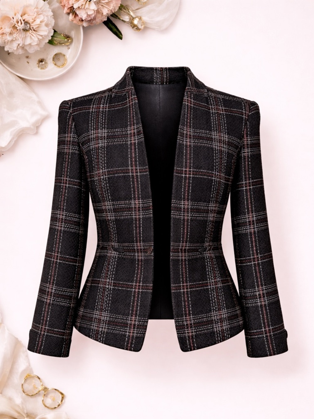 9&CO. Size 12 Black/Red/White Plaid Women's Open Front Blazer